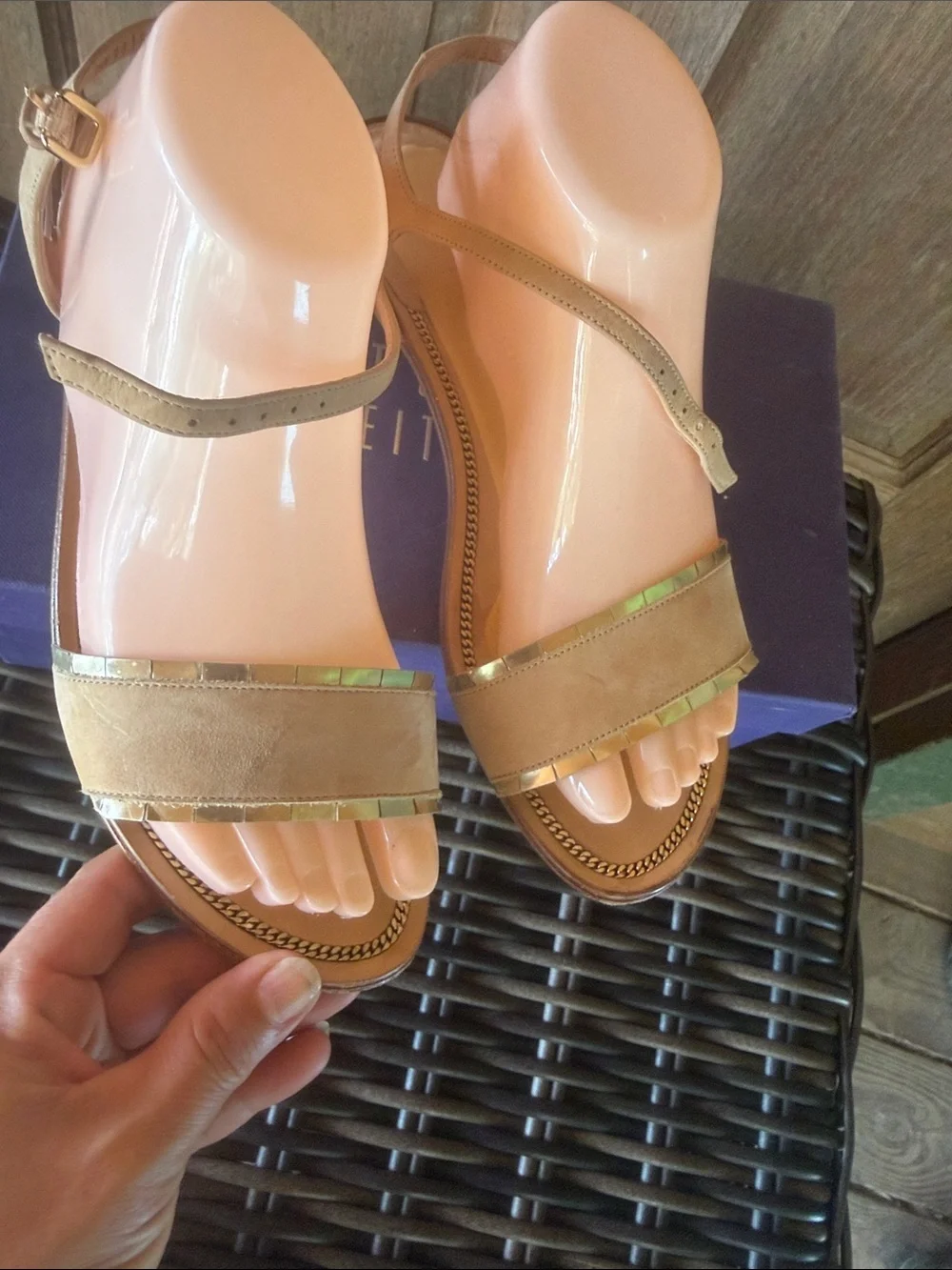 Stuart Weitzman Tan Suede Ankle-Strap Sandals with Gold Trim